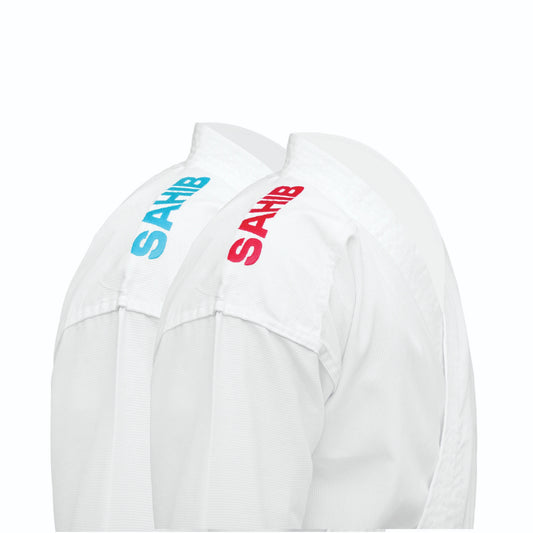 Sahib® Sakura Karate Gi Red and Blue Label comparison – shoulder embroidery detail showcasing traditional design for both gi variants