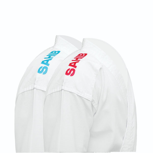 Sahib® Sakura Karate Gi Red and Blue Label comparison – shoulder embroidery detail showcasing traditional design for both gi variants