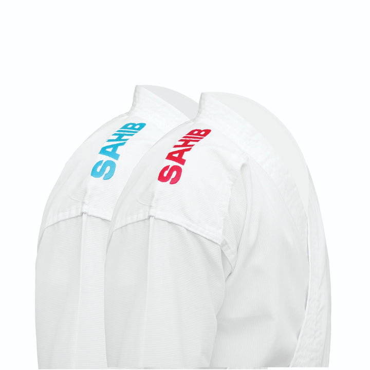Sahib® Sakura Karate Gi Red and Blue Label comparison – shoulder embroidery detail showcasing traditional design for both gi variants