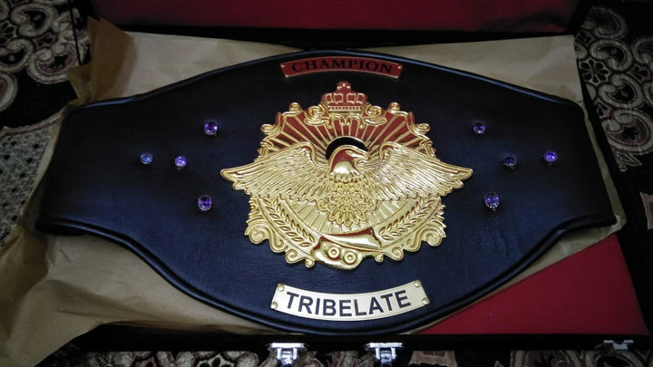 Close-up of fine stitching and leather texture on handcrafted championship belt.