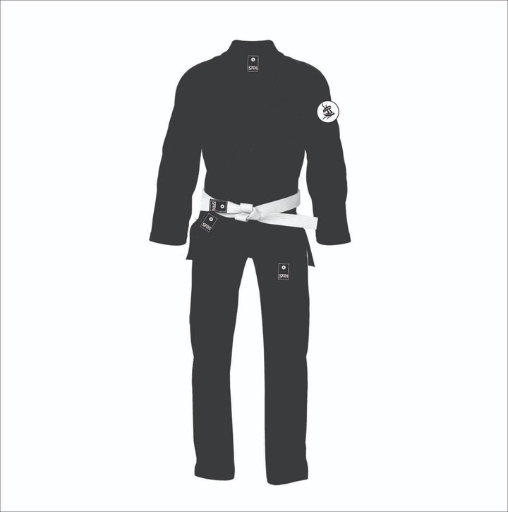 Black BJJ kimono with embroidered name and logo by Sahib