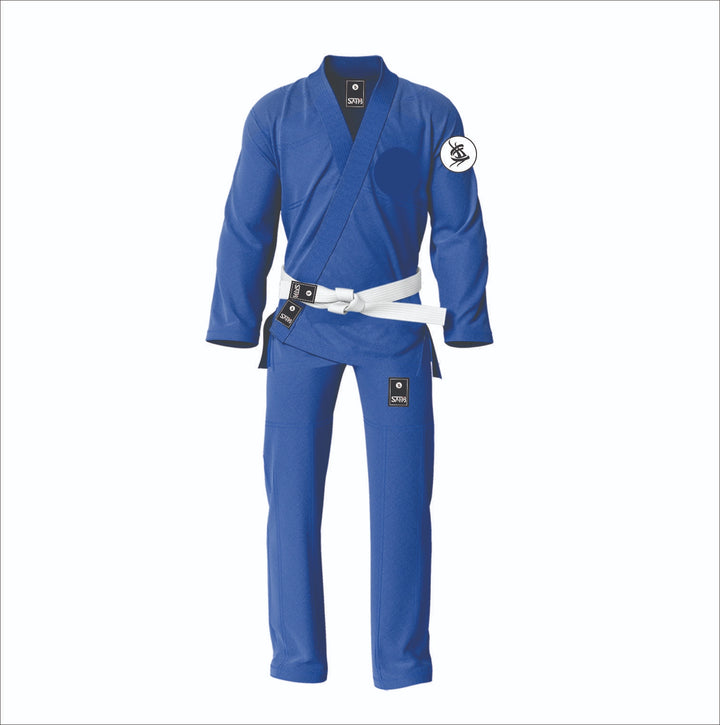 Blue patchwork BJJ gi customized by Sahib for durability