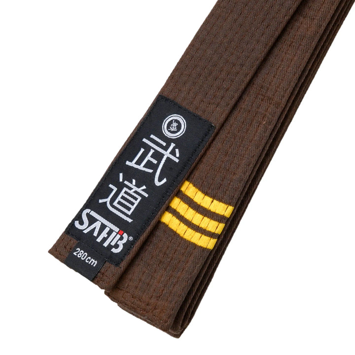 Close-up detail of brown karate belt with three gold embroidered stripes