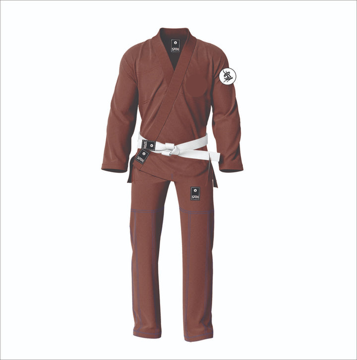 Brown premium BJJ gi with competition-ready cut by Sahib