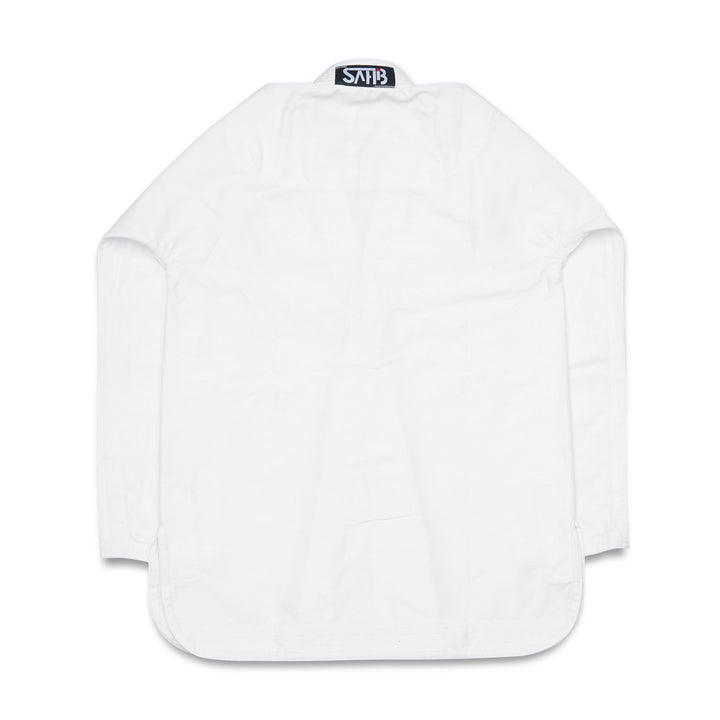 Back view of Sahib Competition Series Handmade White BJJ Gi Kyushu 1877 jacket