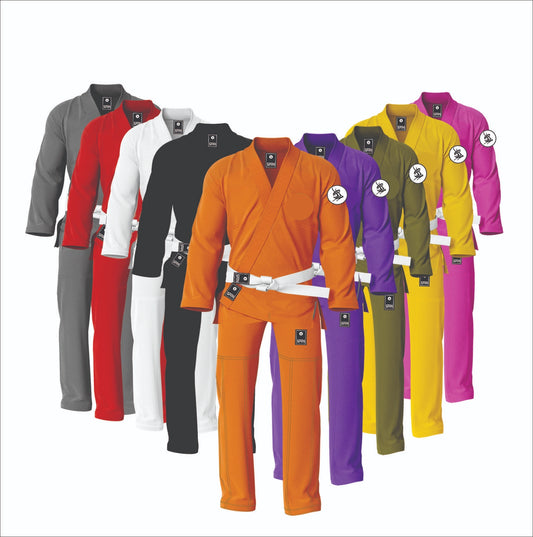 Full collection of Sahib custom BJJ gis in all colors including white, black, blue, purple, brown, red, gray, olive, green, yellow, and pink