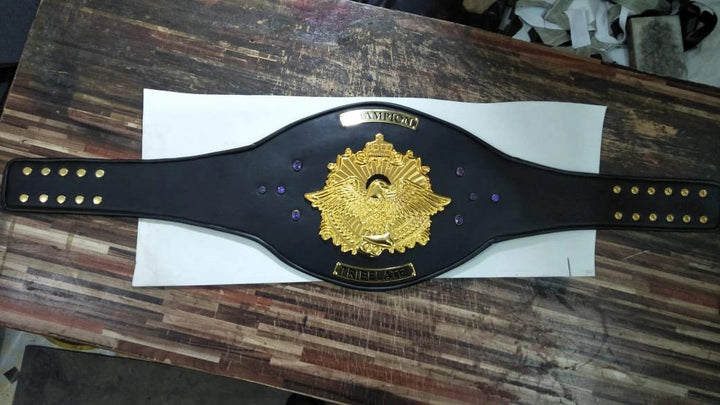 Full front view of finished custom championship belt with detailed plates and stones.