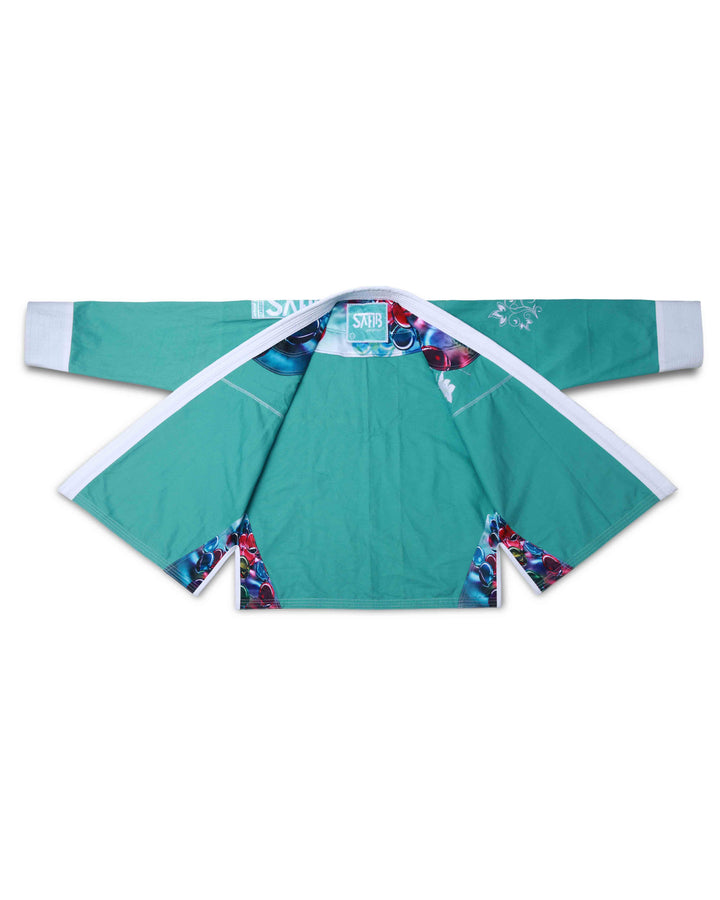 Open front view of green Sahib Girl Power women’s BJJ Kimono – stylish lightweight martial arts gi
