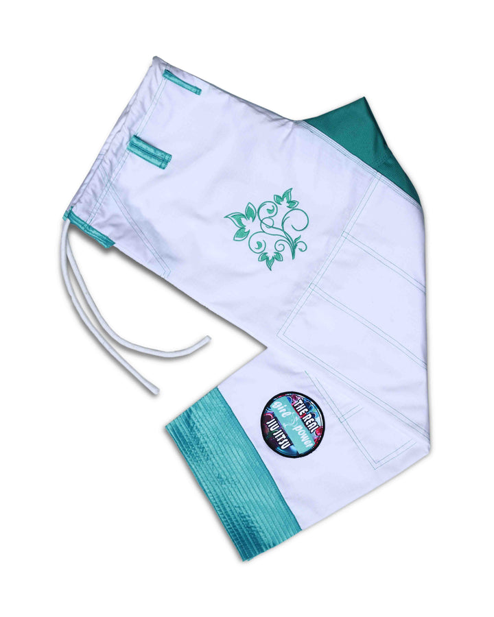 Side view of Sahib Girl Power green Jiu Jitsu trousers – competition fit and reinforced seams