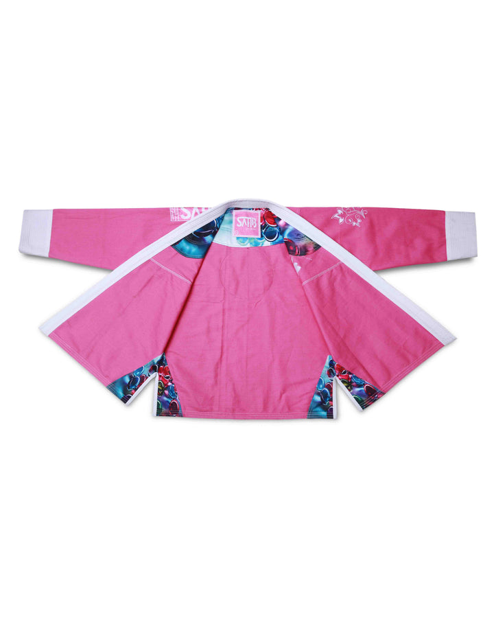 Open front of Sahib Girl Power Pink BJJ Gi showing inside details and feminine martial arts design