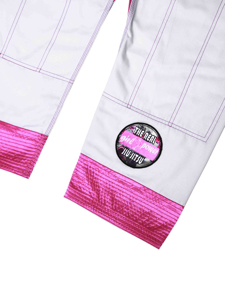 Detail embroidery close-up on pink Girl Power women’s Jiu Jitsu Gi pants – premium stitching