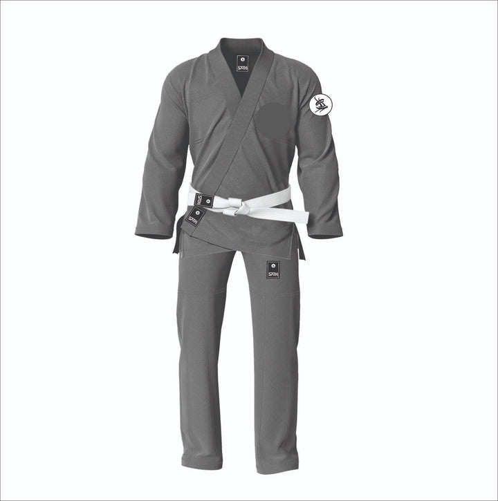 Gray athletic-fit BJJ gi custom tailored by Sahib
