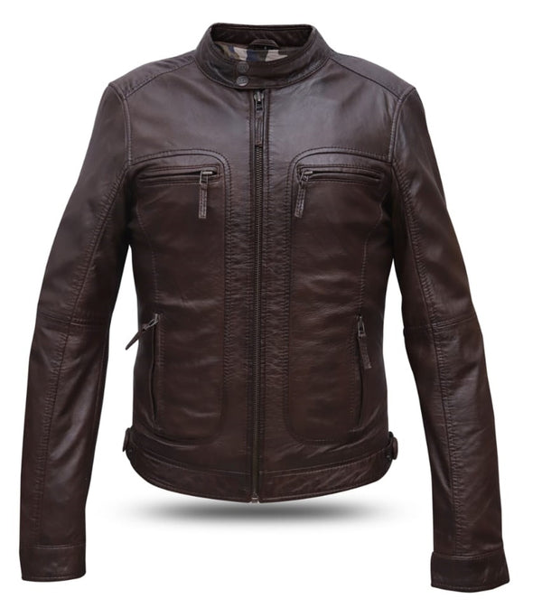 “Men’s classic brown leather biker jacket made from 100% genuine lambskin”