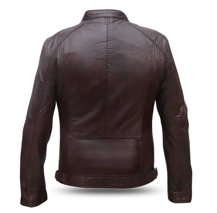 “Back view of slim-fit brown leather jacket for men”
