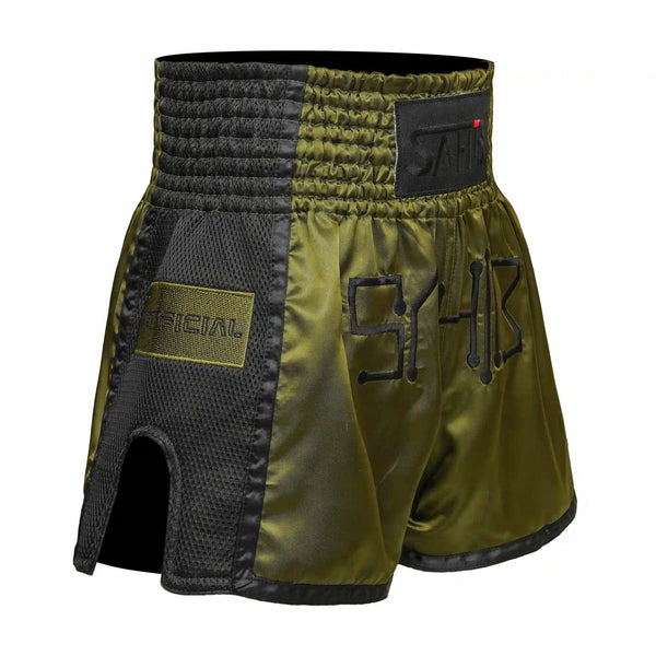 Right side view of olive-black Sahib® Muay Thai combat shorts – breathable and durable training wear