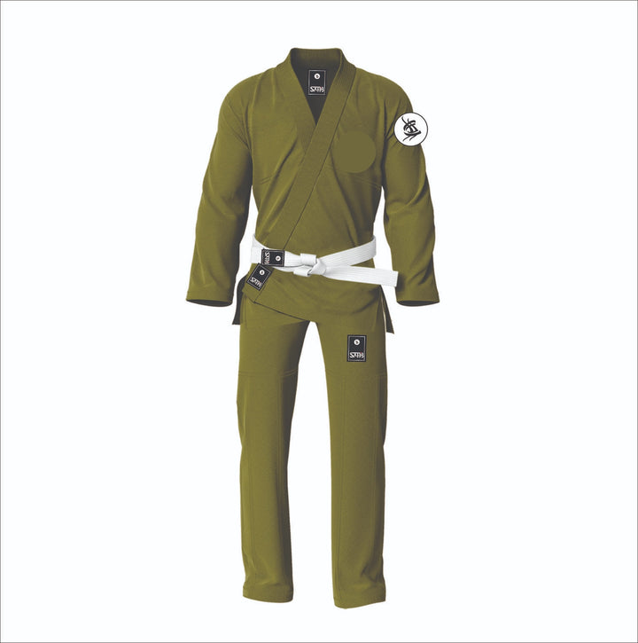 Olive green BJJ gi with personalized patches by Sahib