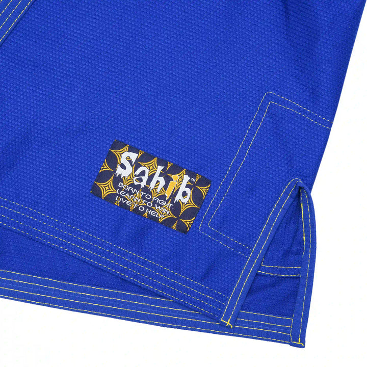 Detail of pearl weave blue BJJ jacket – Sahib kids uniform