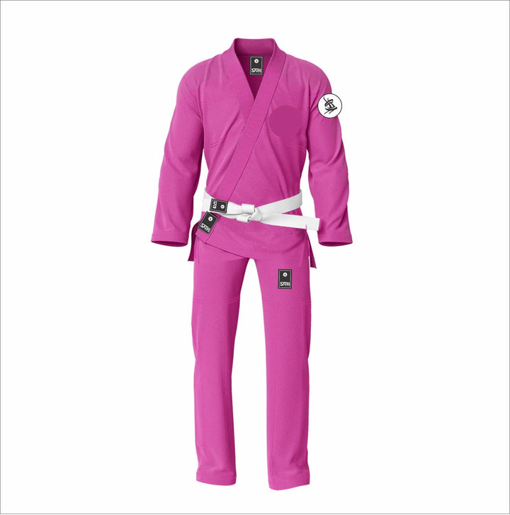 Custom women's pink BJJ gi by Sahib with tapered design