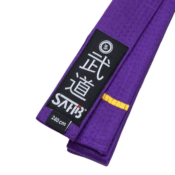 Close-up of purple karate belt with one gold embroidered stripe