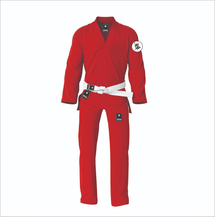 Red sublimated BJJ kimono with bold graphic print by Sahib