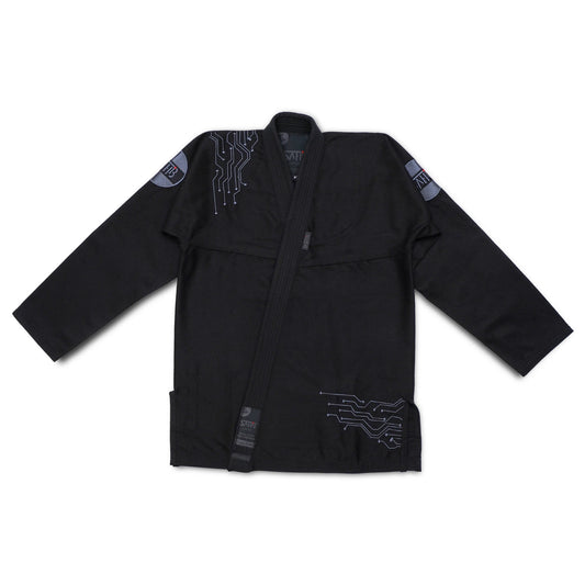 Front view of Sahib® Artificial Series BJJ Gi in black – 450 GSM pearl weave kimono with AI-inspired embroidery