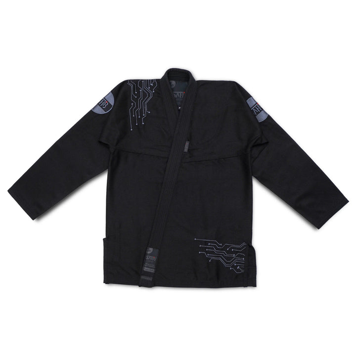 Front view of Sahib® Artificial Series BJJ Gi in black – 450 GSM pearl weave kimono with AI-inspired embroidery