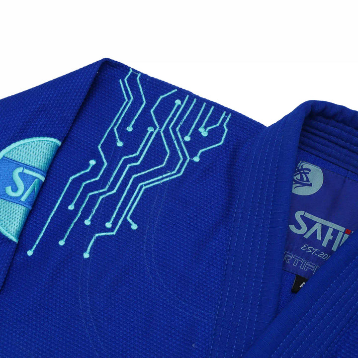 Blue kimono close-up on Sahib® Artificial Series Gi – modern embroidery detail with AI theme