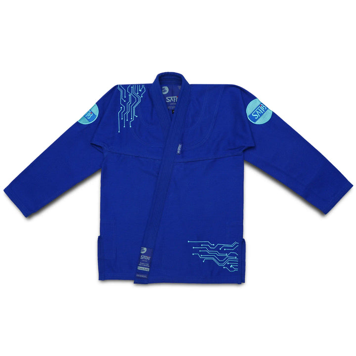 Front view of Sahib® Artificial Series BJJ Gi in blue – 450 GSM training kimono with embroidered AI design