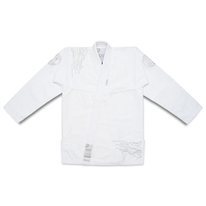 Front view of Sahib® Artificial Series BJJ Gi in white – pearl weave kimono for Jiu Jitsu training and competition