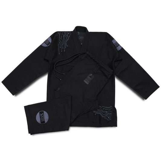 Front view of Sahib® Artificial Series BJJ kimono with pants in black – 450 GSM pearl weave kimono with AI-inspired embroidery