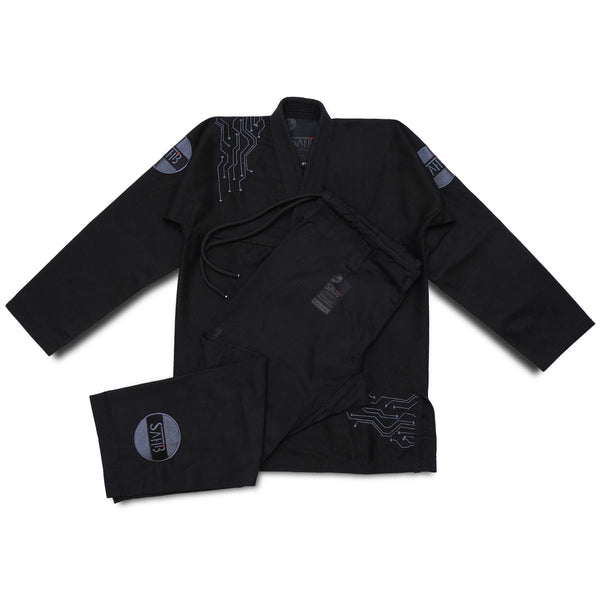 Front view of Sahib® Artificial Series BJJ kimono with pants in black – 450 GSM pearl weave kimono with AI-inspired embroidery