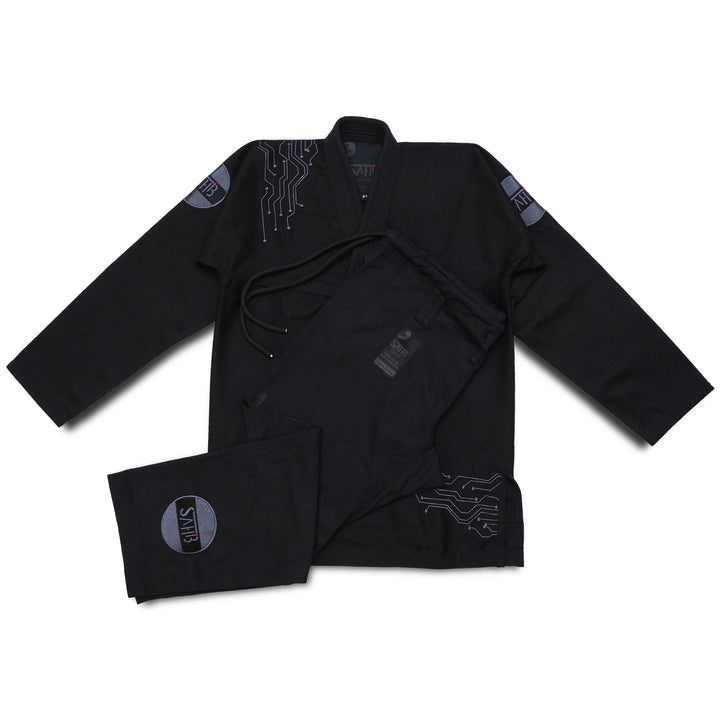 Front view of Sahib® Artificial Series BJJ kimono with pants in black – 450 GSM pearl weave kimono with AI-inspired embroidery
