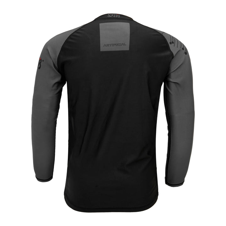 Back design of Sahib® black long sleeve BJJ rash guard – sublimated compression training top