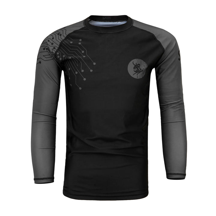 Front view of black long sleeve rashguard by Sahib® – MMA & no-gi grappling shirt UAE