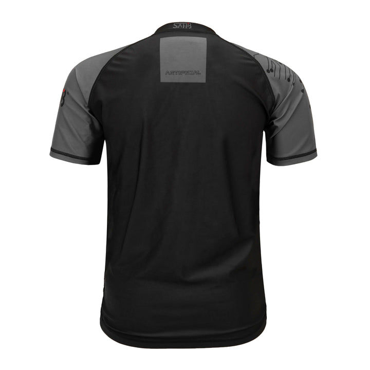 Back of black short sleeve rashguard – Sahib® BJJ performance shirt with sublimated design