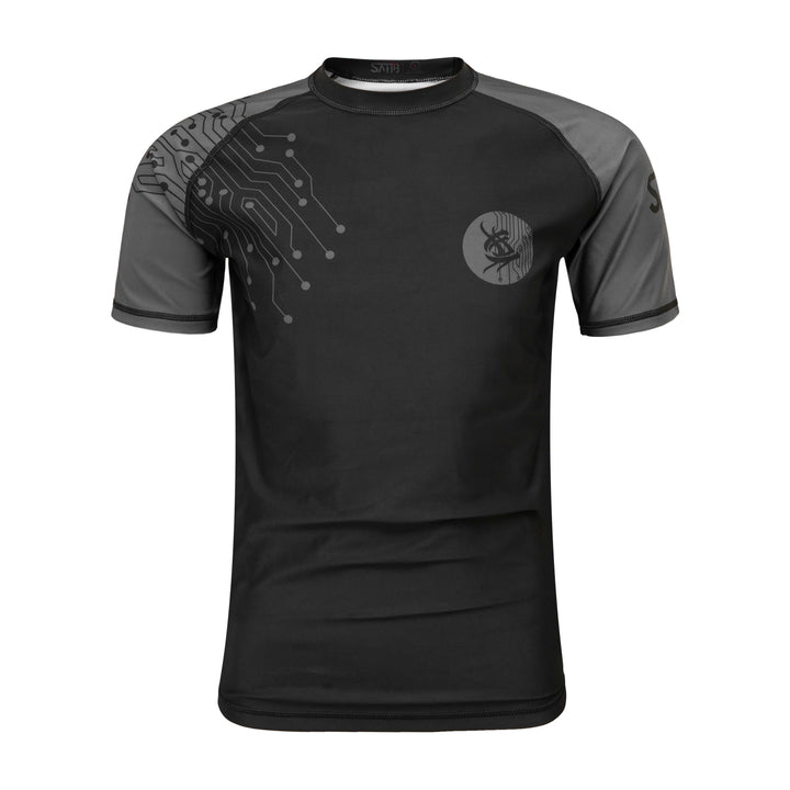 Front view of black Sahib® short sleeve rashguard – lightweight grappling gear for training