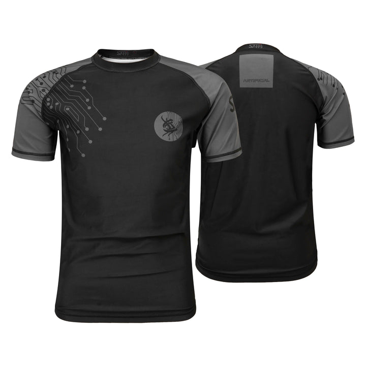 Black short sleeve BJJ rashguard by Sahib® – front and back no-gi shirt for men & women UAE
