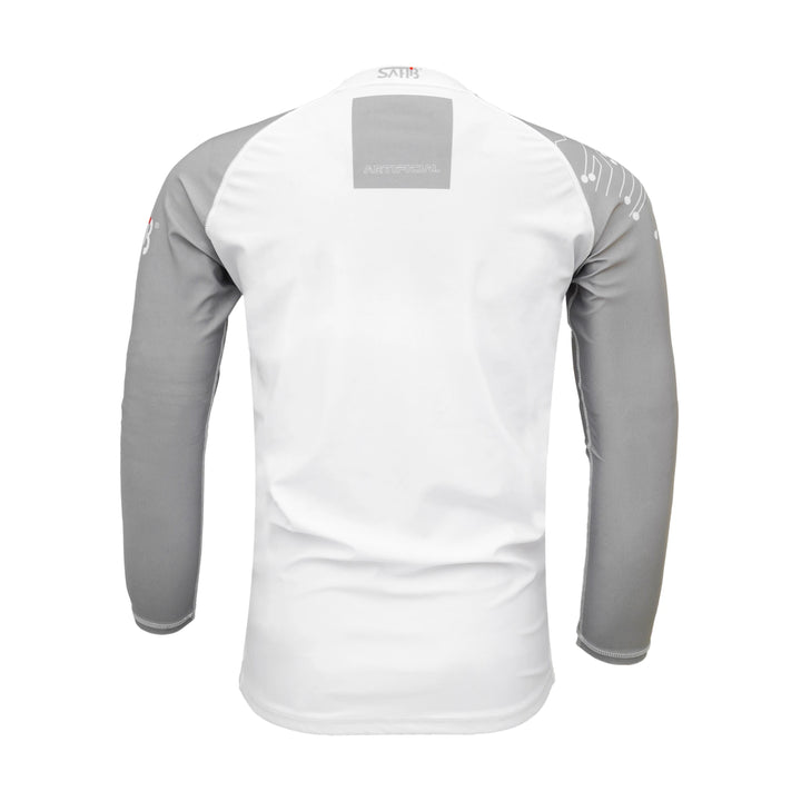 Back of white long sleeve BJJ rash guard – lightweight compression wear by Sahib® Artificial Series