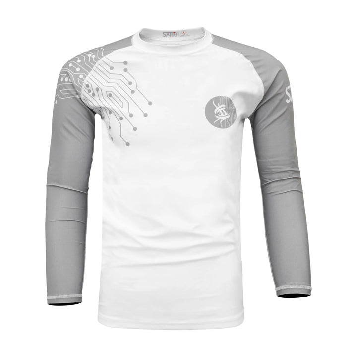 Front angle of white long sleeve rashguard by Sahib® – breathable BJJ & MMA top for UAE fighters