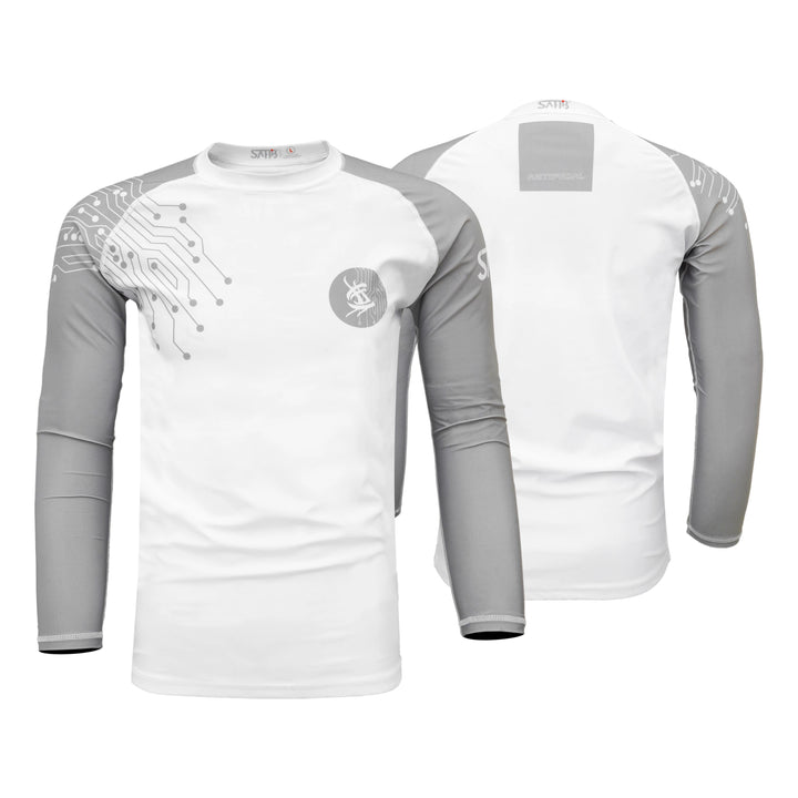 Sahib® Artificial Series white long sleeve rashguard – front and back view for BJJ and no-gi athletes