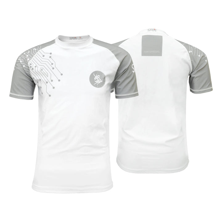 Sahib® white short sleeve rashguard for Jiu Jitsu – front and back view MMA shirt UAE