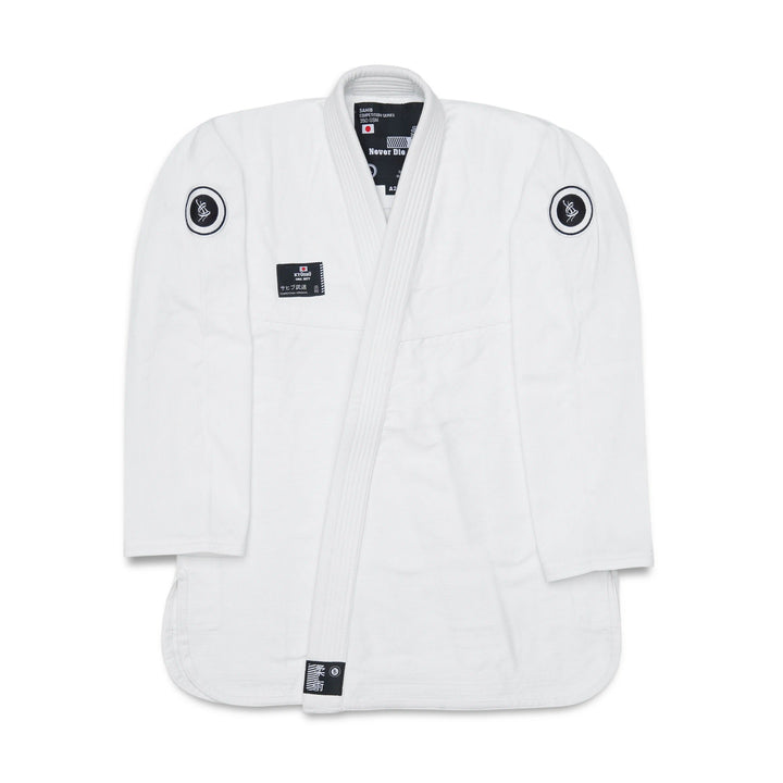 Front view of Sahib Competition Series Handmade White BJJ Gi Kyushu 1877, 350 GSM pearl weave