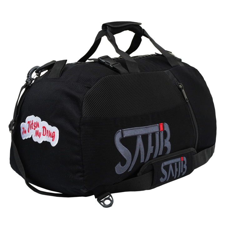 Close-up embroidery “Jiu Jitsu My Drug” on black Sahib® BJJ gym bag – motivational martial arts gear bag