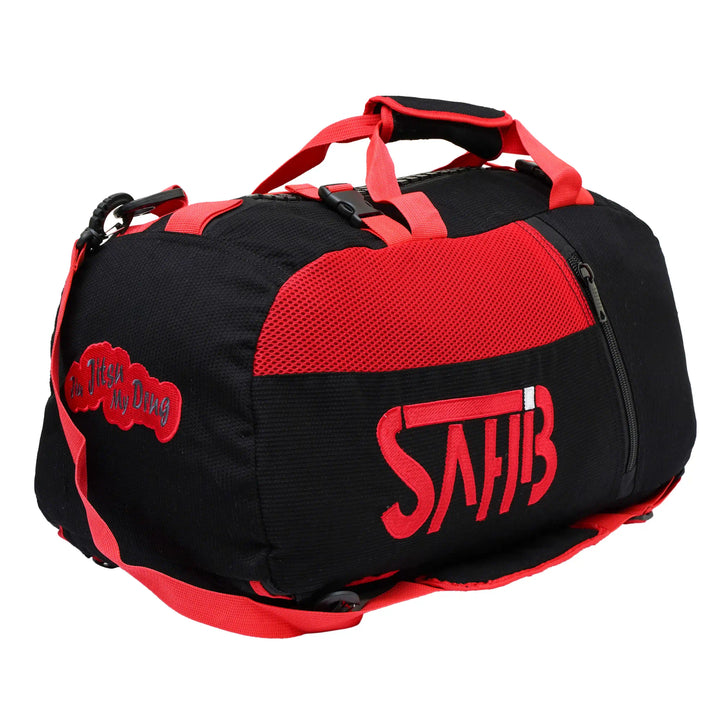Jiu Jitsu quote embroidery detail on red Sahib® gym bag – BJJ duffel with style and function