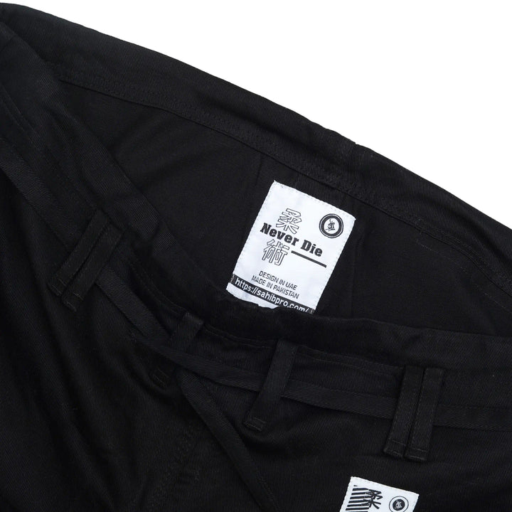 Traditional drawstring waistband on Sahib Competition Series Handmade Black BJJ gi Kyushu 1877 pants