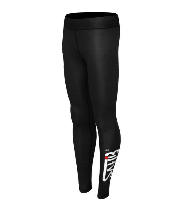 Right-angle view of Sahib® Women's black ranked BJJ compression leggings – moisture-wicking and high-rise fit.