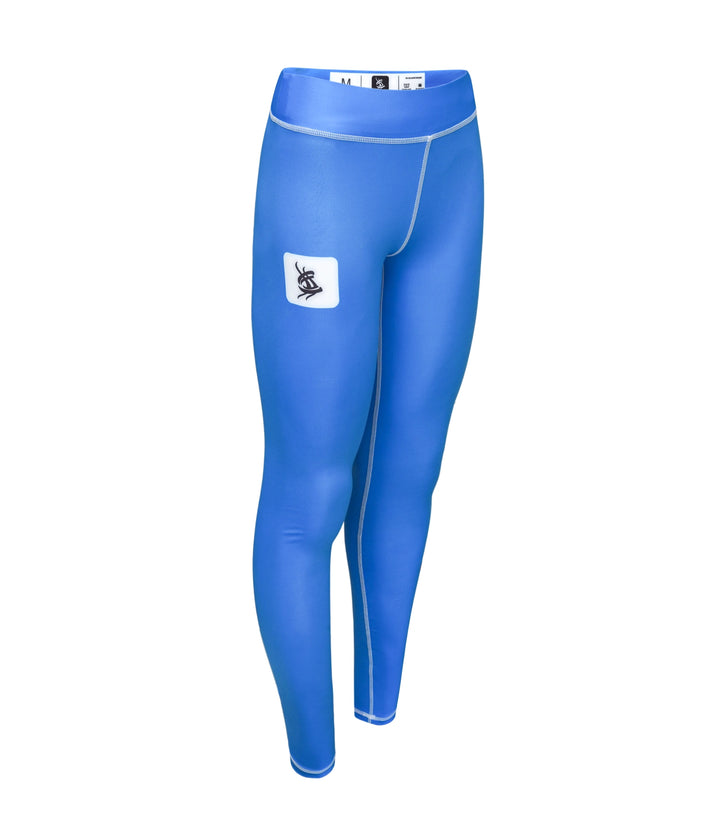Left angle showing flexibility in Sahib® blue BJJ leggings – designed for full range of movement.