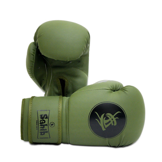 Front view of Sahib® olive synthetic leather boxing gloves – durable training gear with ergonomic fit