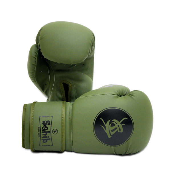 Front view of Sahib® olive synthetic leather boxing gloves – durable training gear with ergonomic fit
