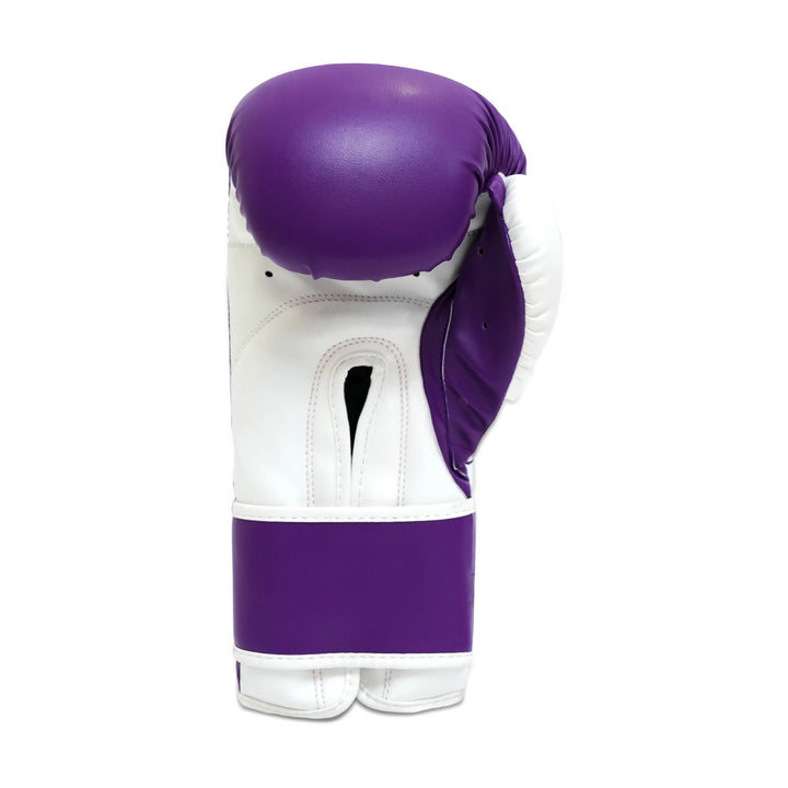 Close-up of purple glove – sturdy Velcro and synthetic leather detail
